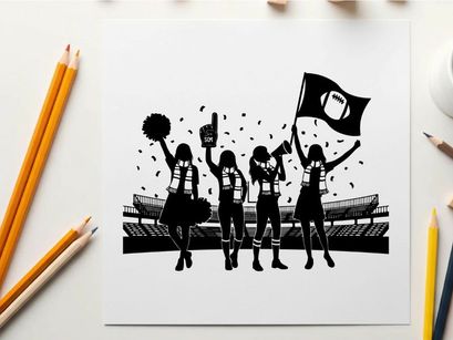 Cheerleaders celebrating with football flag and pom poms silhouette