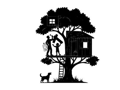 Silhouette of family in treehouse with dog and construction