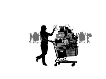Silhouette of woman pushing overloaded shopping cart with groceries and household items preview picture