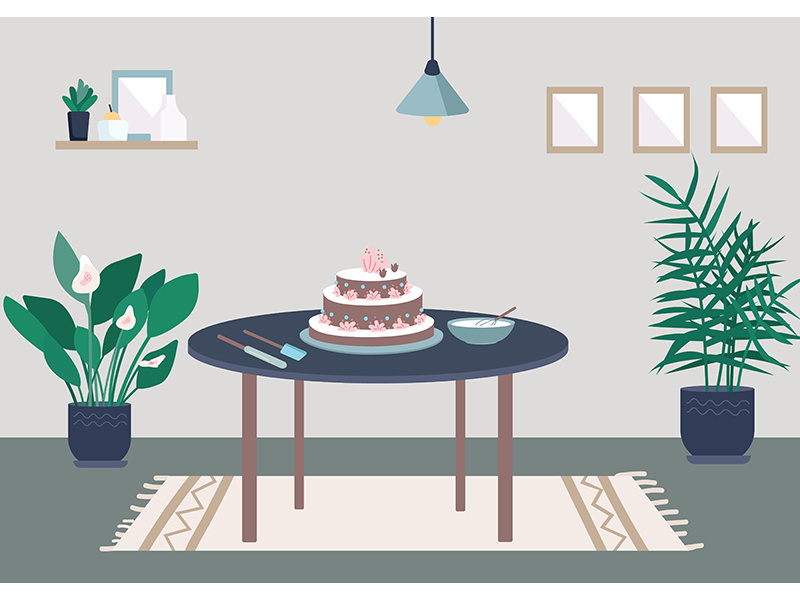 Baking birthday cake flat color vector illustration