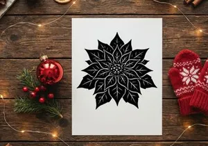 Black and white poinsettia flower illustration for Christmas holiday design projects.