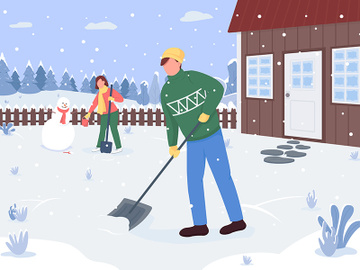 People cleaning snow outside the house flat color vector illustration preview picture
