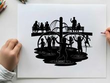 Silhouette of children playing in a splash pad on a sunny day