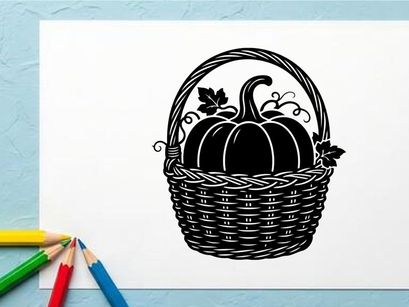 Ilustração de Cesta de Abóboras Preta e Branca para Decoração de Outono ou Outono