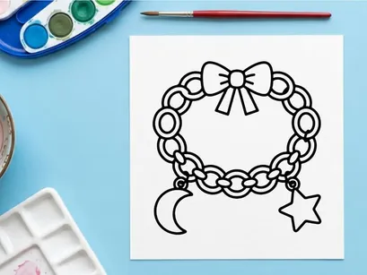 Hand-drawn Halloween charm bracelet with bow and star. Spooky jewelry illustration featuring crescent moon and dangling decorations.