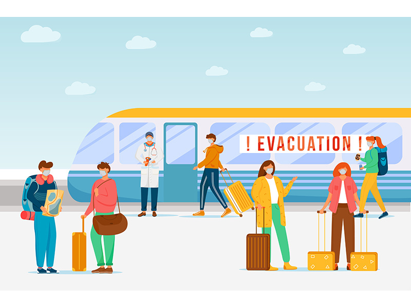 Emergency train evacuation flat color vector illustration