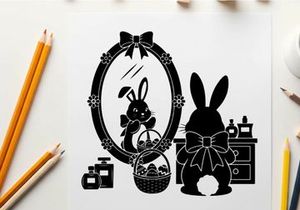 Easter bunny silhouette admires reflection in ornate mirror with bow