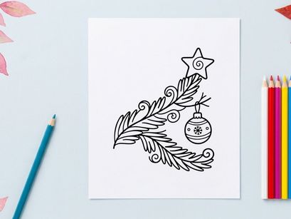 Ilustração vetorial de galho de árvore de Natal com enfeite pendente e estrela ornamentada