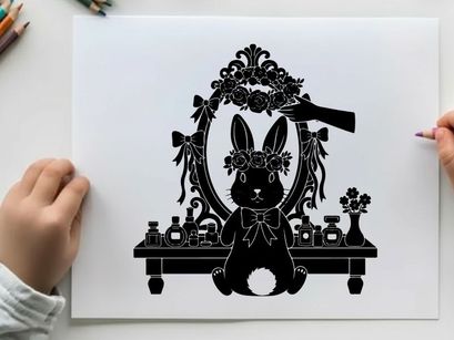 Silhouette of a rabbit in front of a vanity with makeup