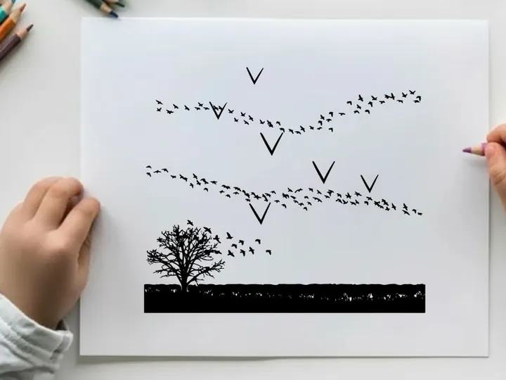 Silhouette of birds flying over a tree at sunset