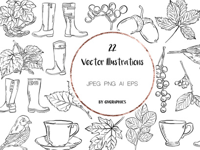 22 Hand Drawn Birds, Leaves, Berries, Boots and Tea cups Vector Illustrations
