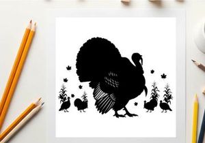 Black silhouette of a large turkey with smaller turkeys and plants