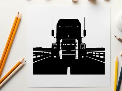 Silhouette of a mack truck on a bridge