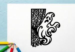 Cortina floral decorativa en blanco y negro con patrón ornamentado
