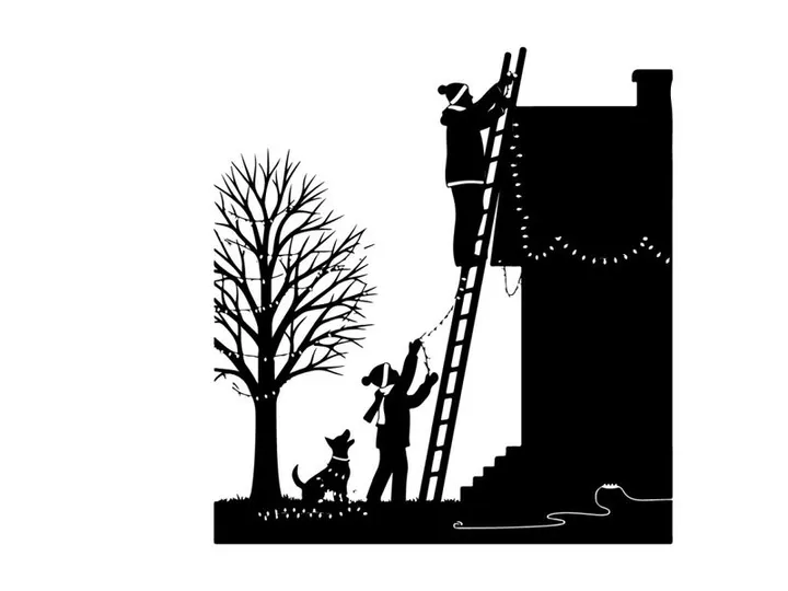 Silhouette of people decorating a house with christmas lights
