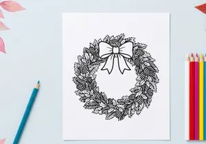 Christmas wreath line art illustration with pine cones and a decorative bow