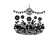Party rabbits dancing under disco ball silhouette