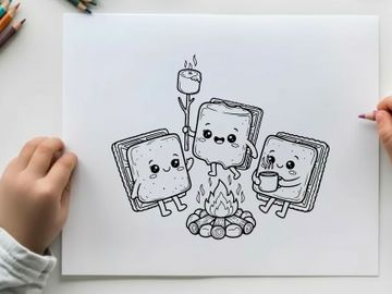 Cute marshmallow toasting campfire vector illustration flat design preview picture