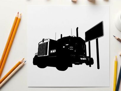 Silhouette of a semi truck beside a billboard on a white background
