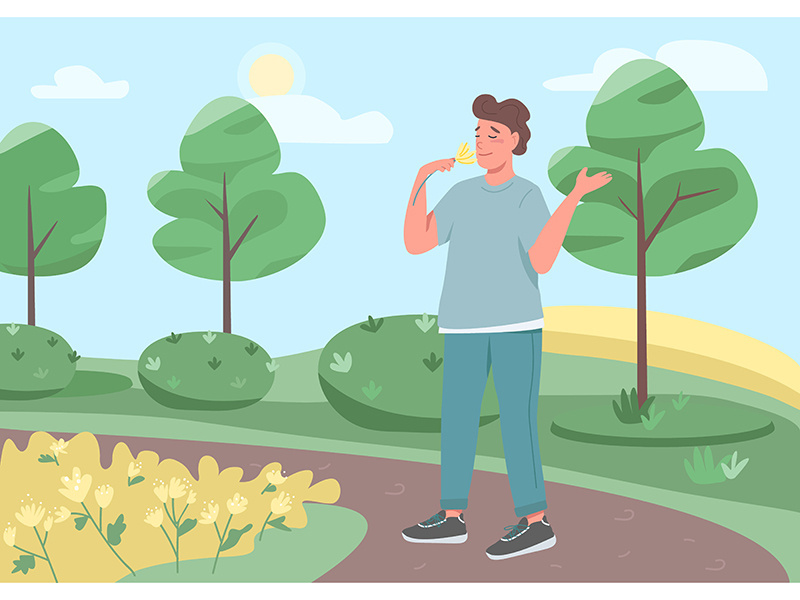 Walk in park flat color vector illustration