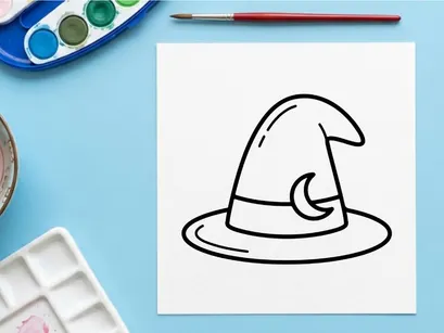Ilustração de chapéu de bruxa preto e branco simples. Acessório clássico no estilo cartoon de feiticeira para designs sazonais assustadores.