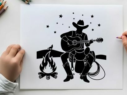 Silhouette of cowboy playing guitar by campfire under starry night
