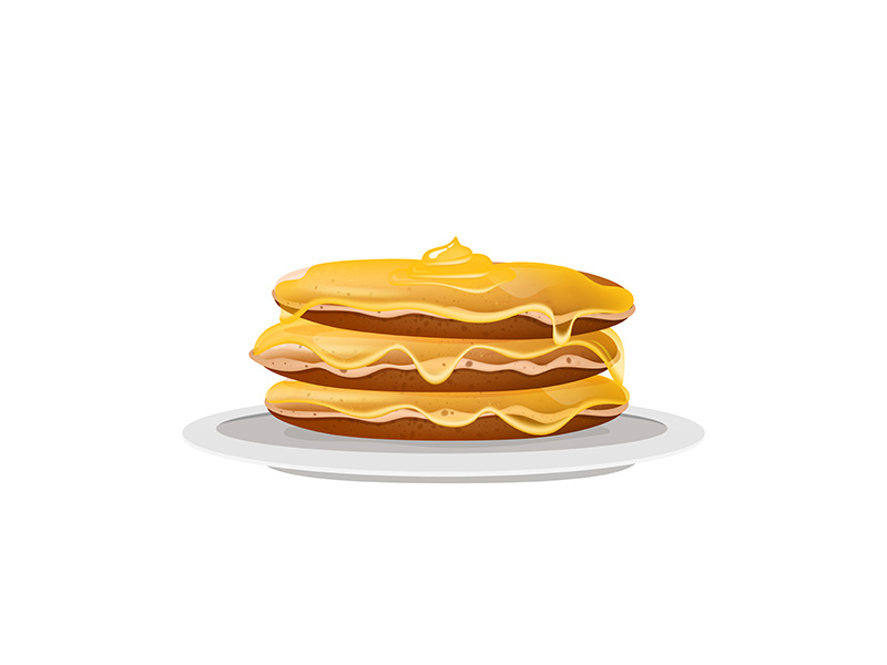Pancakes with honey, dessert on white plate realistic vector illustration