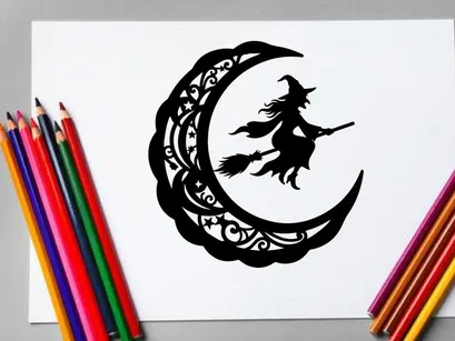 Silhouette einer Hexe, die auf einem Besen bei Nacht fliegt mit Sichelmond