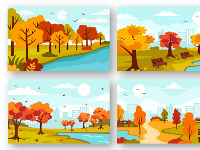 22 Autumn Landscape Blue Background Illustration