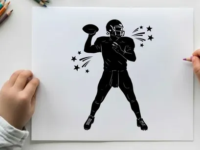 Football player silhouette throwing a ball with dynamic stars