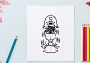 Christmas lantern line art illustration with pine branches and candle for holiday decor
