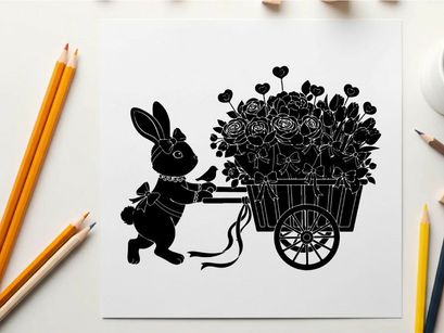 Silhouette of a bunny pushing a flower cart with heart shaped blooms