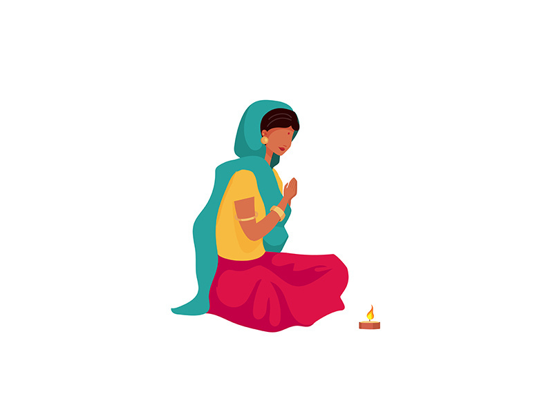 Praying indian girl flat color vector faceless character