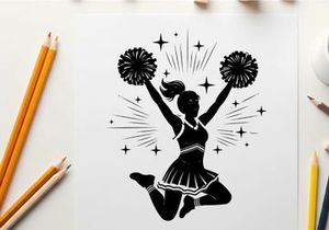 Cheerleader silhouette with pompoms and sparkles