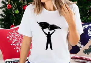 Silhouette person holding victory flag triumph success black white