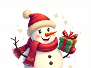 A charming snowman holds a gift, ready for the holidays.
