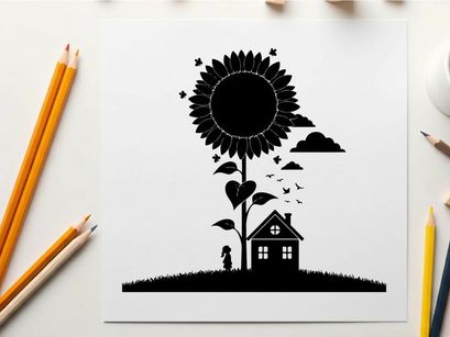 Silhouette of a sunflower and house with a person