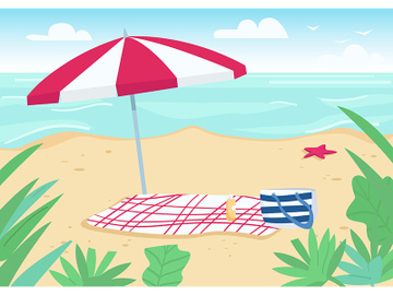 Blanket and sun umbrella on sand beach flat color vector illustration preview picture