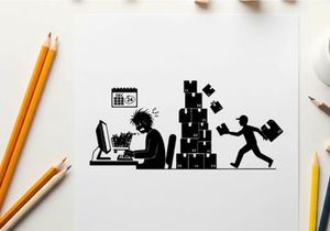 Frustrated office worker beside a silhouette of a man running with papers