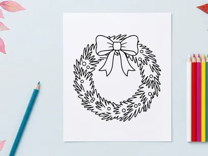 Ilustración de arte lineal de corona navideña con moño decorativo para proyectos de diseño festivo.