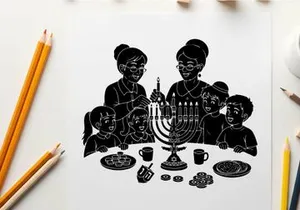 Happy family celebrating hanukkah with traditional foods and menorah silhouette