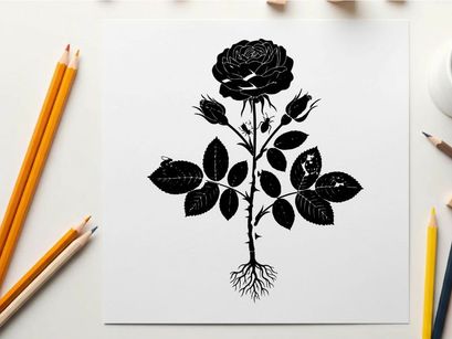 Silhouette of a single rose flower and stem