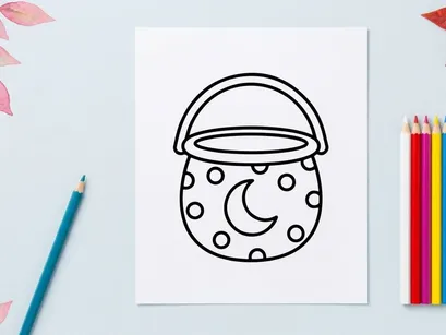 Halloween trick or treat bucket icon. Black and white outline of a candy pail for kids.