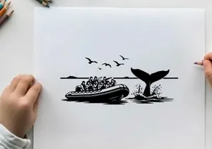 Whale watching tour boat approaches silhouette of large whale