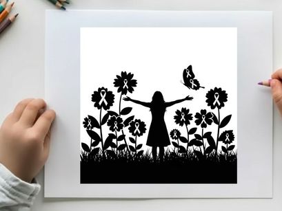 Silhouette of a girl with flowers and butterfly awareness ribbons