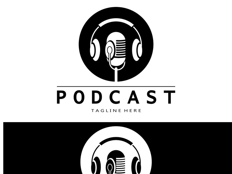 podcast logo with microphone and earphone audio, radio waves. for studio, talk show, chat, information sharing, interview, multimedia and web.