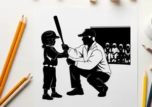 Baseball coach and child silhouette at batting practice