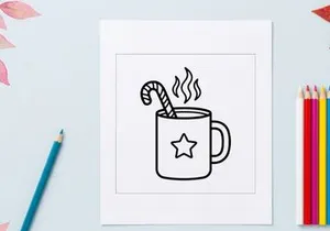 Taza de chocolate caliente con agitador de bastón de caramelo y vapor para celebración navideña festiva