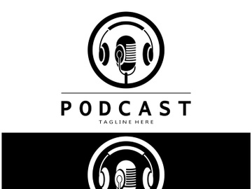 podcast logo with microphone and earphone audio, radio waves. for studio, talk show, chat, information sharing, interview, multimedia and web. preview picture