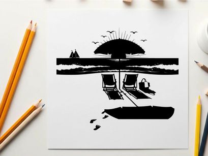 Beach scene silhouette with umbrella and chairs at sunset